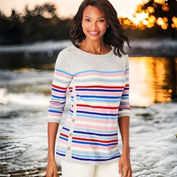TALBOTS Womens SIDE BUTTON GRAY & MULTI-STRIPE BATEAU NECK SWEATER Cotton Size M - Picture 1 of 7